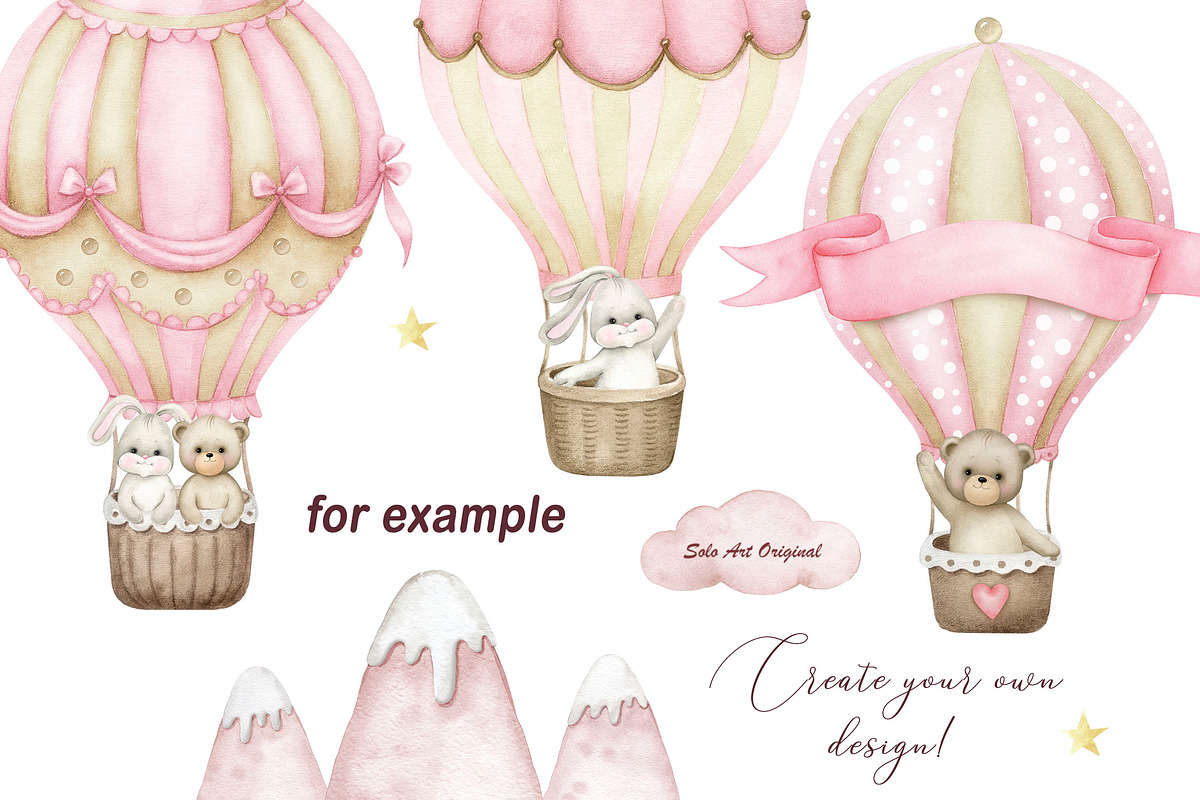 Teddy bear,bunny, hot air balloons., an Animal Illustration by Solo Art Original (Photo 7 of 8)