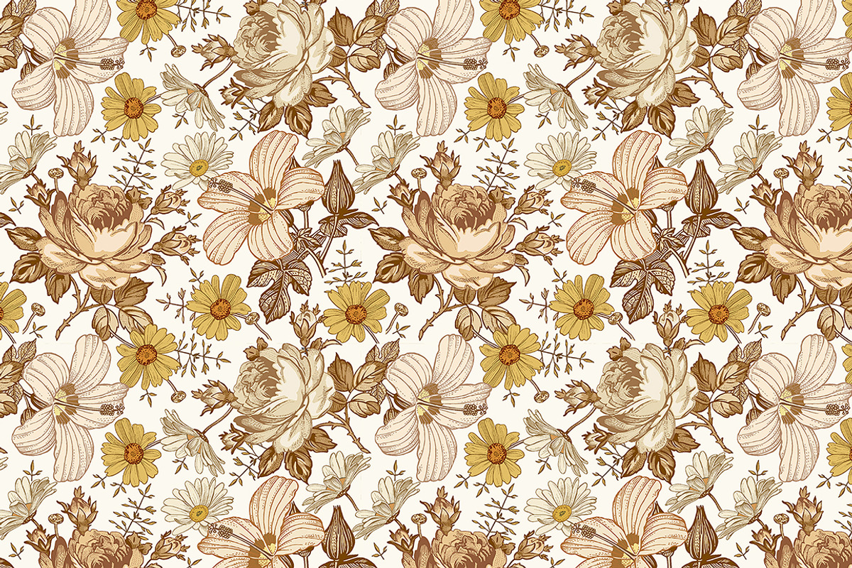 Set Seamless Flowers Rose Hibiscus, a Pattern Graphic by Vintage (Photo 4 of 10)