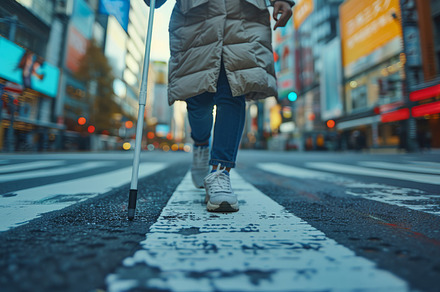Midsection View of Blind Man Using White Cane at Busy Urban Cros, a Photo by AS photostudio