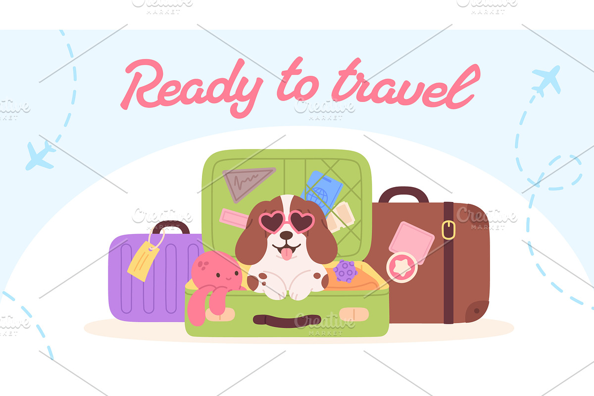 Pet travel poster. Puppy in, an Animal Illustration by LadadikArt