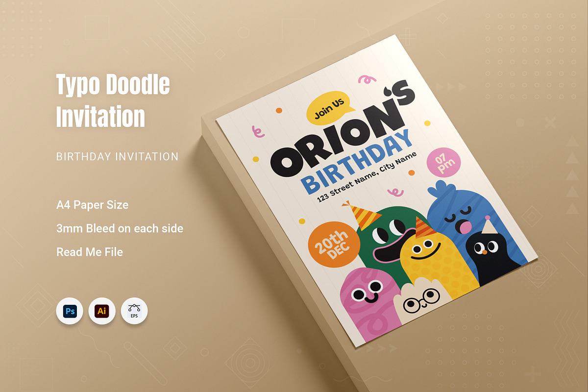 Typo Doodle Birthday Invitation, an Invitation Template by Fannan Studio (Photo 1 of 2)