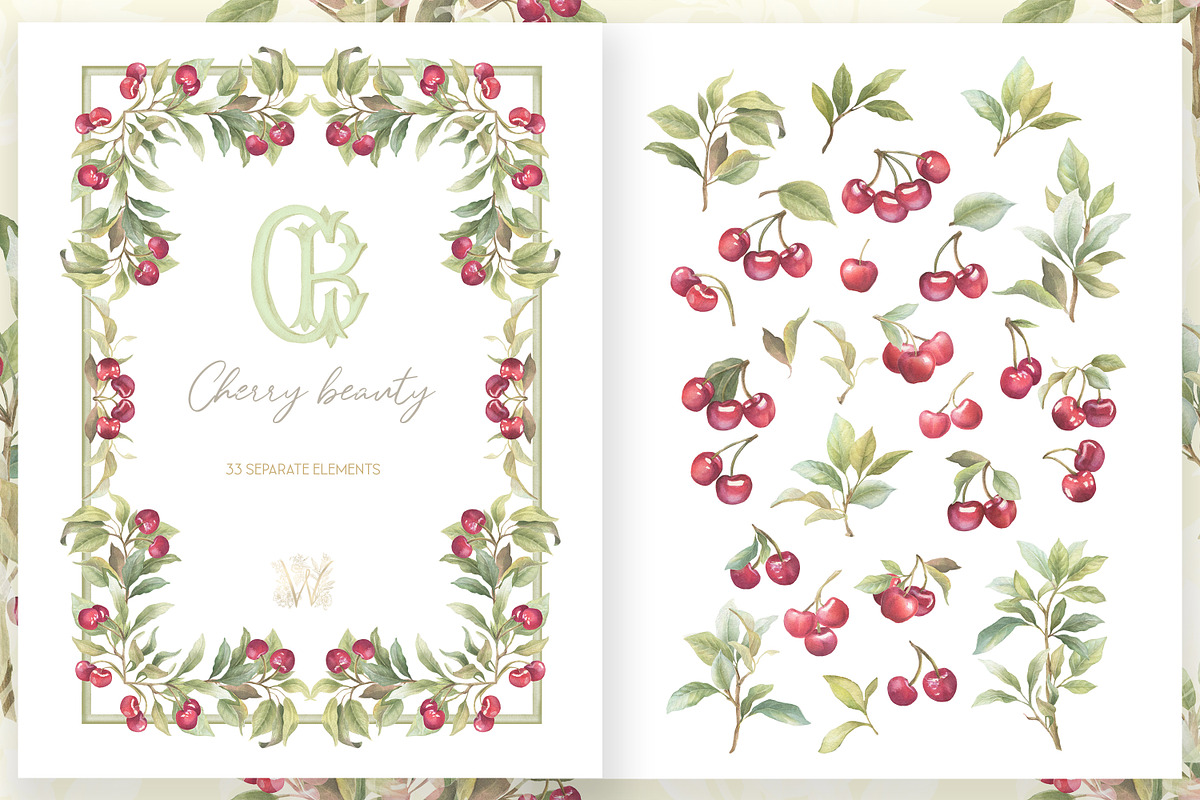 Vintage Cherry Crest Watercolor Set, a Decorative Illustration by WonderWonder (Photo 13 of 21)