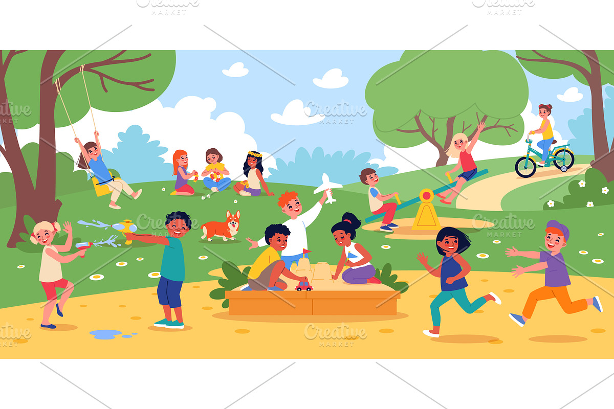 Happy children in summer park. Kids, an Illustration by YummyBuum