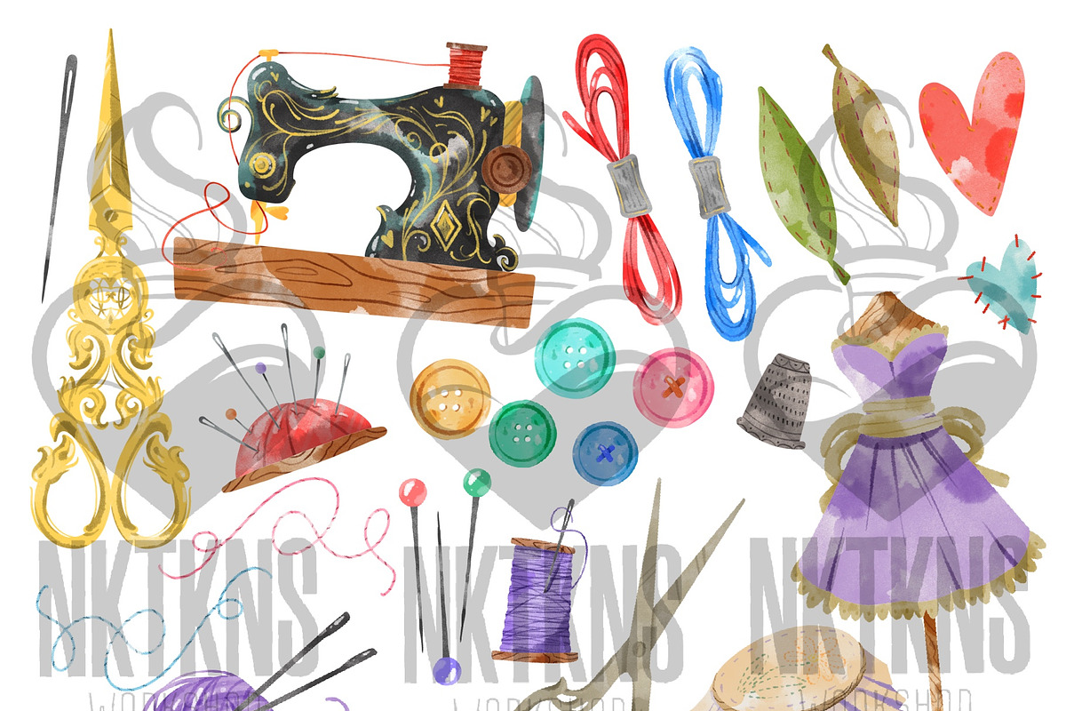 Watercolor Sewing kit Clipart, a Work Illustration by NKTKNS (Photo 2 of 6)