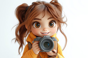 Young girl holding a camera and smil, a Photo by Tanuart