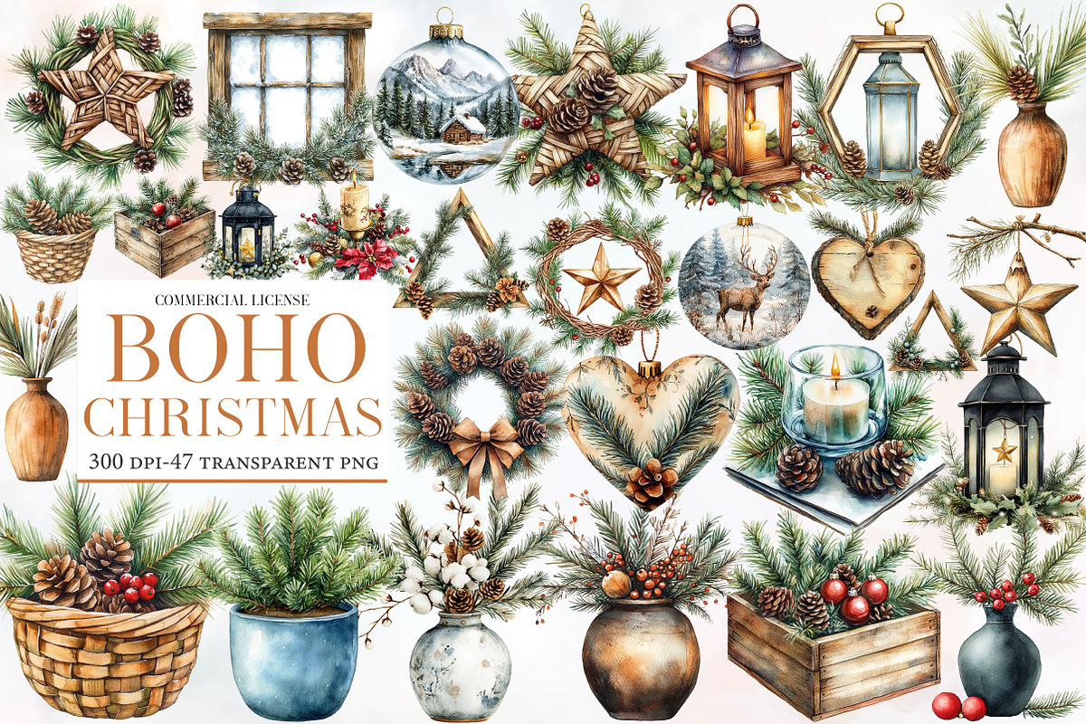 Boho Christmas clipart, an Illustration by Designworld (Photo 1 of 6)