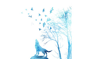 Blue wolf howling in the forest, an Animal Illustration by Nenahliadava Design