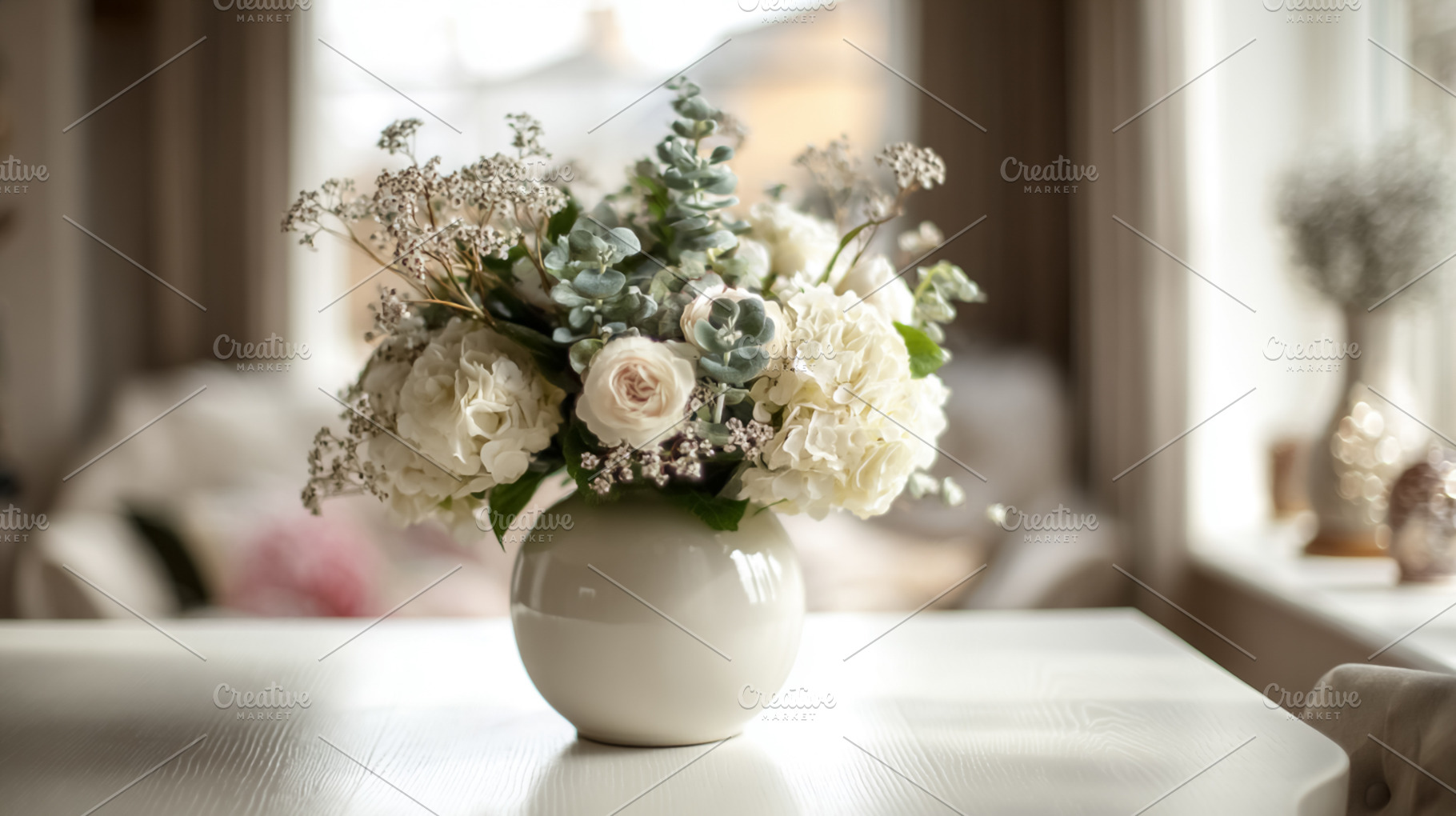 White flowers bouquet in a spherical ceramic vase on a wooden ta, a Photo by Studio ANNA