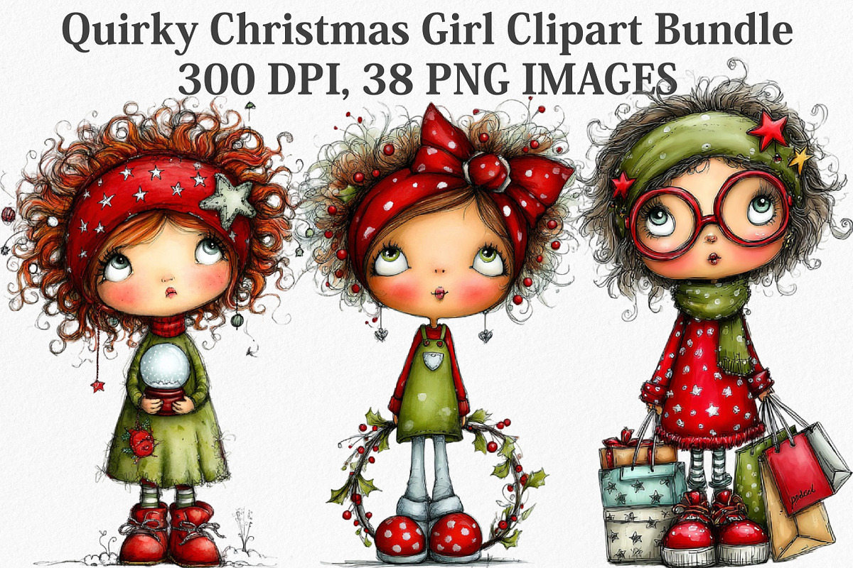 Quirky Christmas Girl Clipart Bundle, an Illustration by Canvas Craft (Photo 1 of 7)