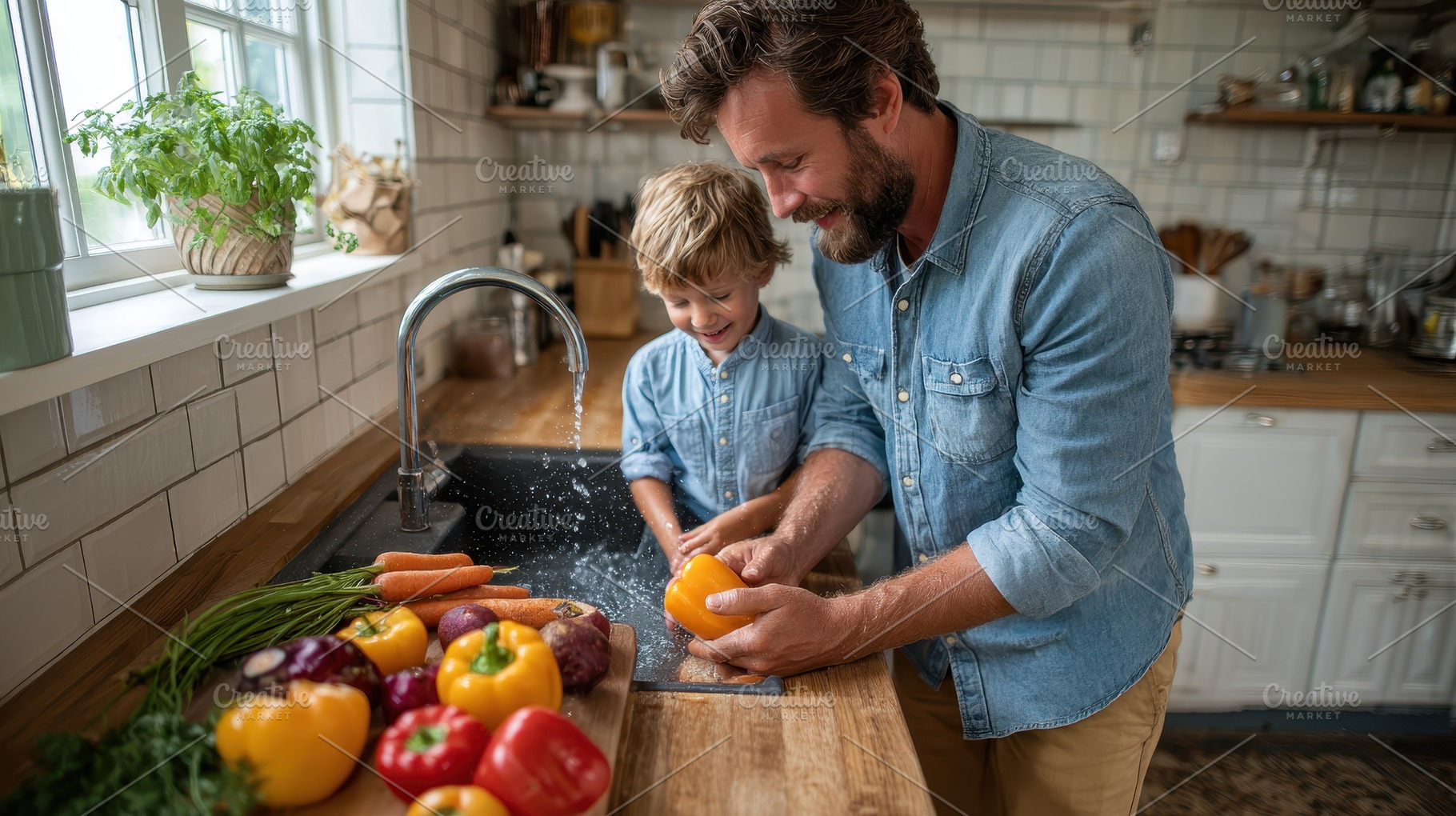 Father and son washing vegetables in, a Photo by Pixeness Studio
