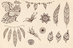 Feathers And Bird In Ethnic Style.