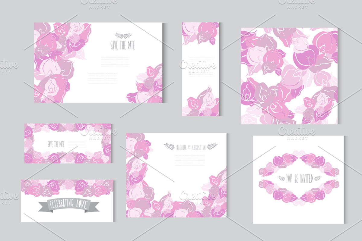 Pink Floral Cards, a Card Template by Sunset&Sea Design