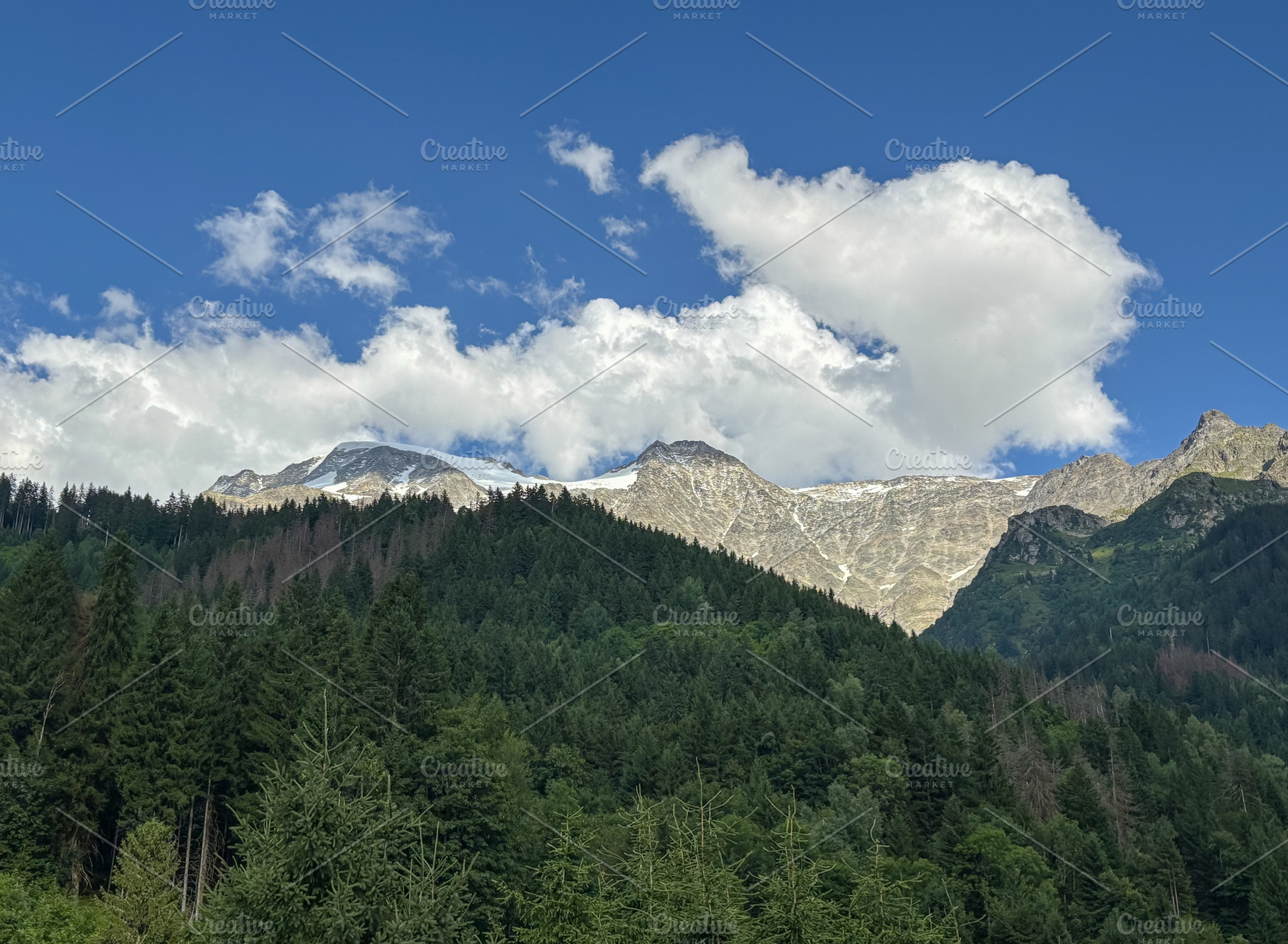 Alpine forest and Mont Blanc massif under summer blue sky in Fra, a Nature Photo by GoodGoods