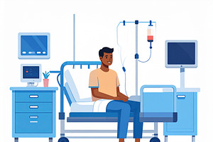 Patient sitting on a hospital bed with calm expression flat illu, a Healthcare Illustration by DanFLCreativo