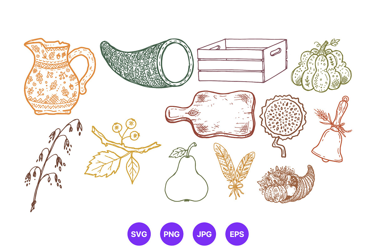 Thanksgiving Hand Drawn Folk Art Set, a Seasonal Illustration by designvectx (Photo 1 of 10)