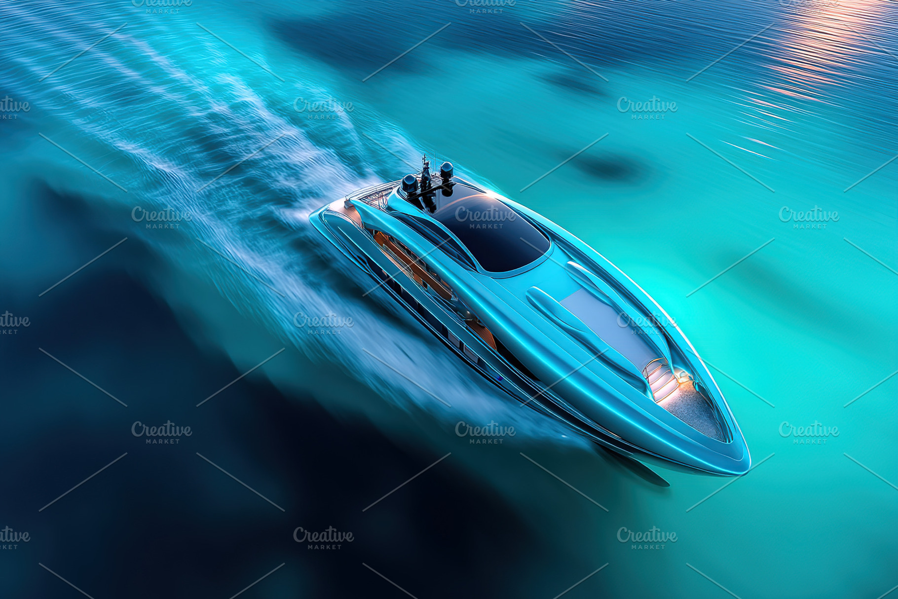 Luxurious yacht glides smoothly across turquoise waters in stunning coastal lan, a Transportation Photo by AlyaAnd