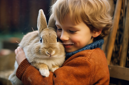 A child's fascination and gentle interaction with a bunny.  Gene, an Animal Photo by designvectx