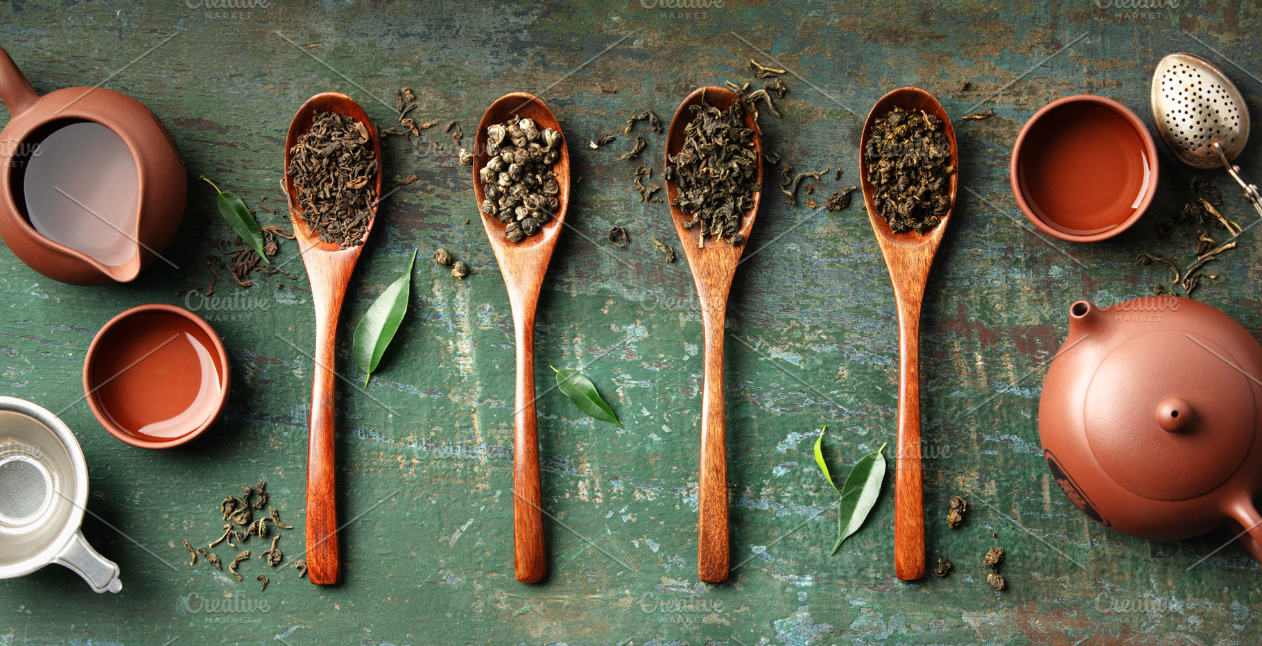 Variety of Loose Leaf Teas with Teapot and Cups on Rustic Backgr, a Food & Drink Photo by Natalia Klenova's Shop