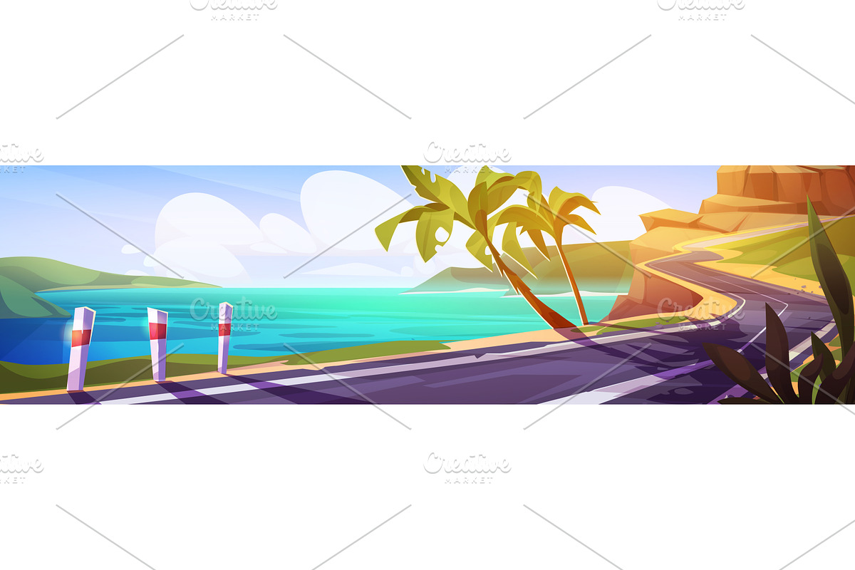 Cartoon road trip scene by sea coast, an Illustration by art PVP - market