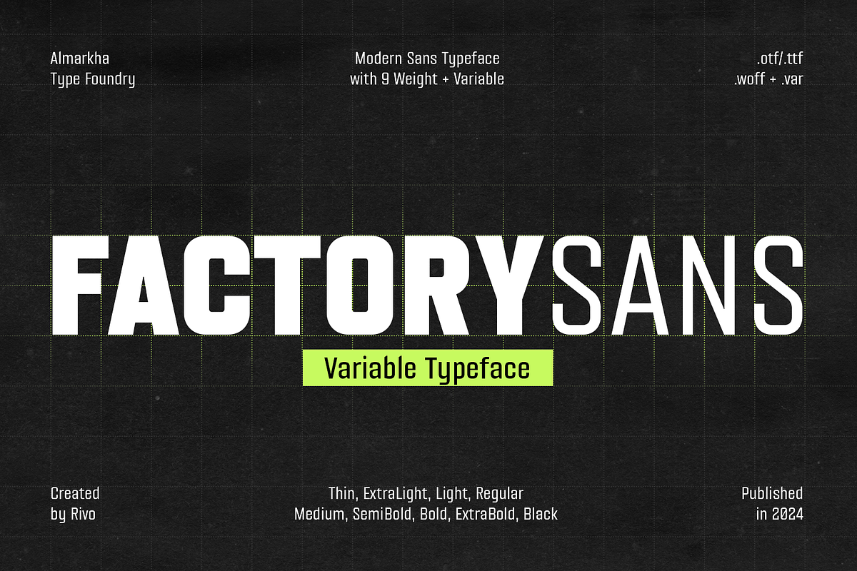Factory Sans – Modern Sans Typeface, a Sans Serif Font by Almarkhatype (Photo 1 of 12)