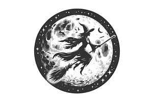 witch flying on broom across moon, an Illustration by AlexArt