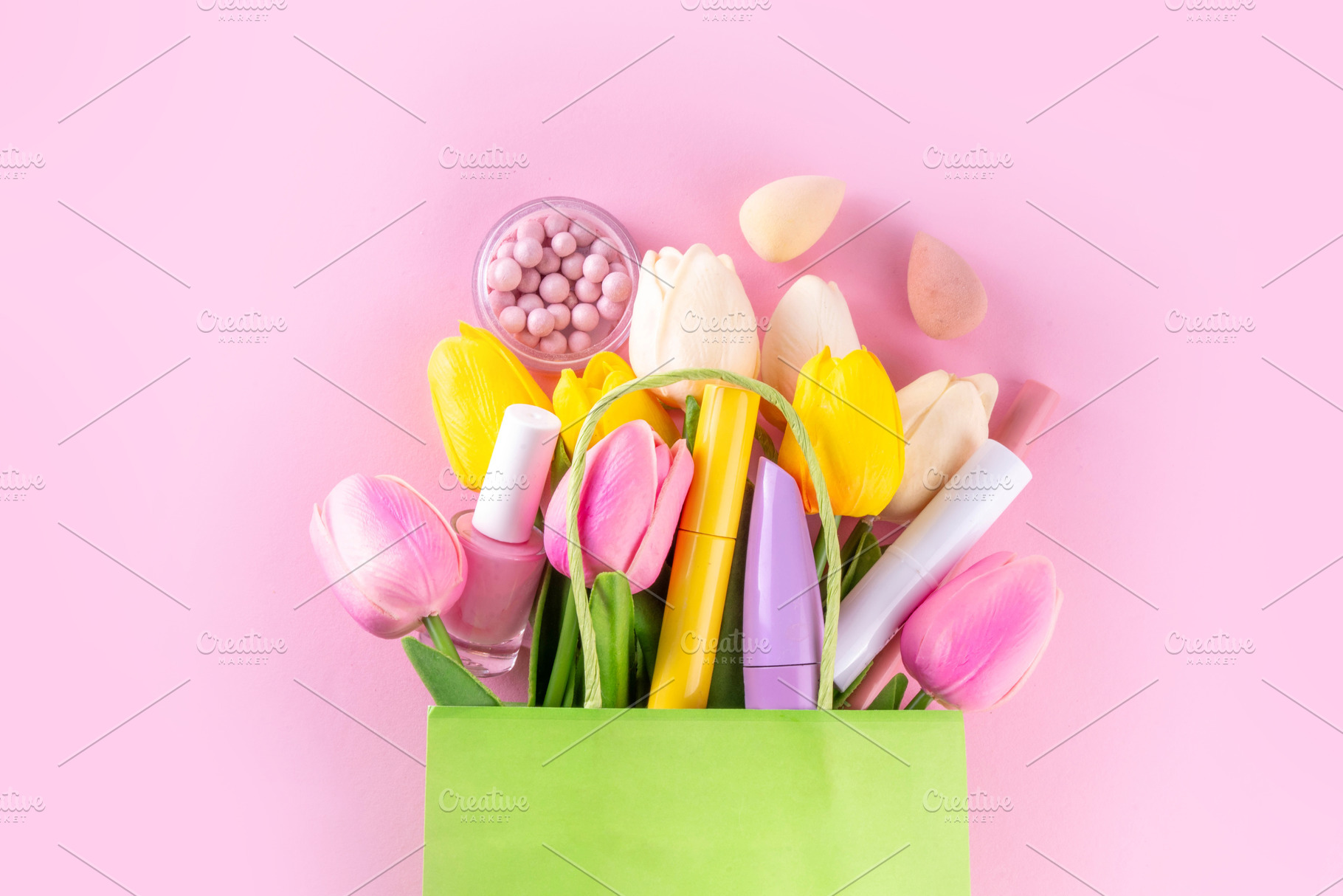 Spring make up make up set on pastel colored background, a Photo by Rimma