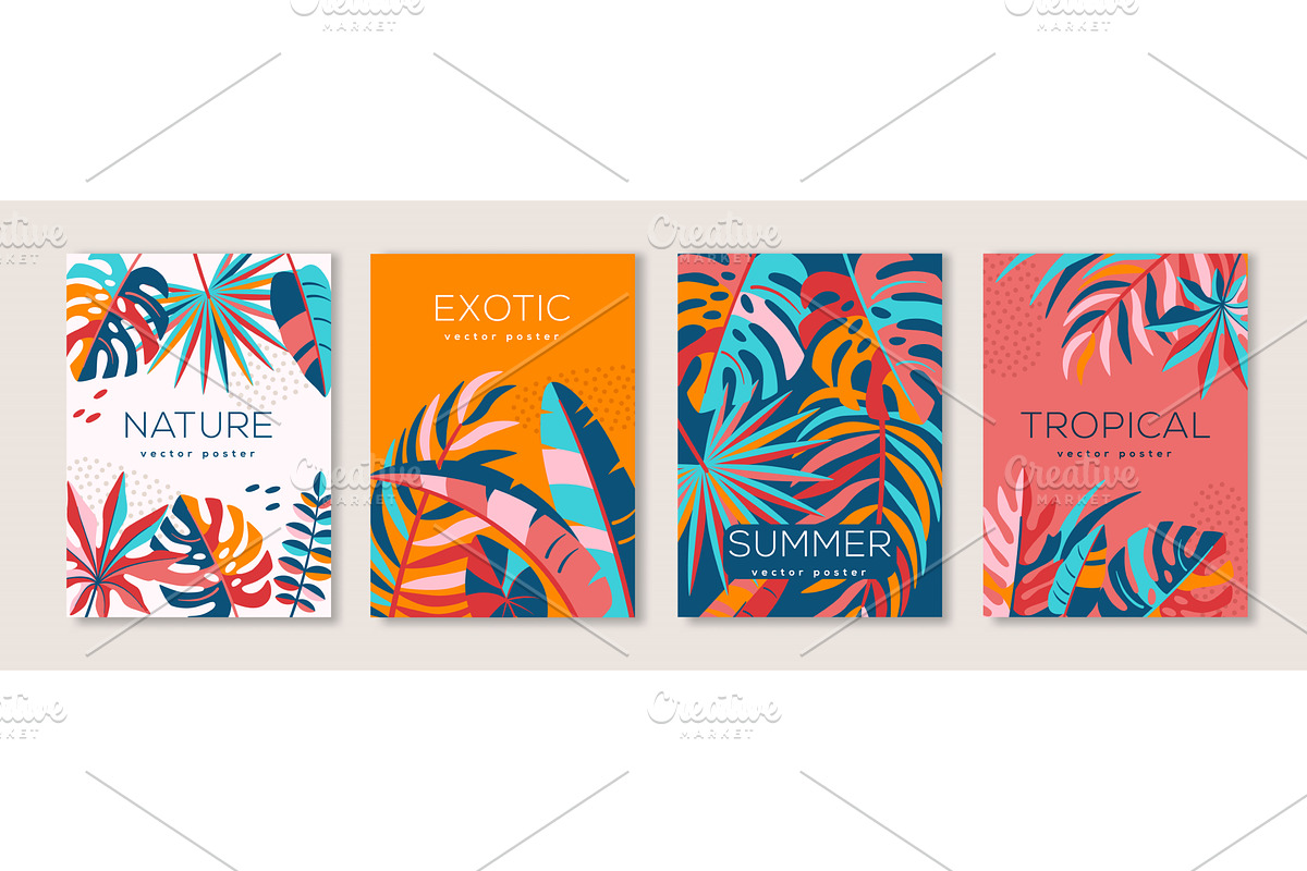 Summer poster set palm leaves, a Seasonal Illustration by kotoffei