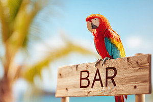 Colorful parrot perched on beach bar sign in tropical setting by the ocean in s, an Animal Photo by AlyaAnd