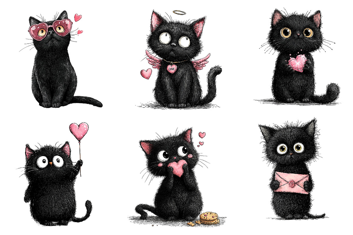 Quirky Valentine Black Cat Clipart, an Illustration by Dream Creation (Photo 2 of 7)