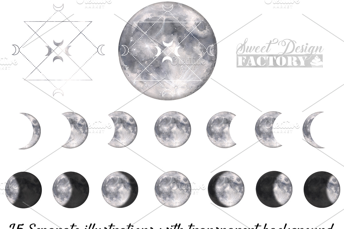 Watercolor silver moon cliparts, an Illustration by Sweet sweet design