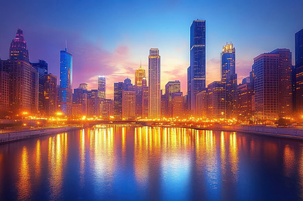 City skyline at night, lights reflec, a Background Photo by Pixeness