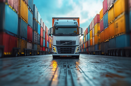 Big rig truck at shipping port color, a Background Photo by Pixeness