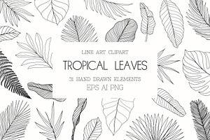 Line Art Tropical Leaves Clipart.