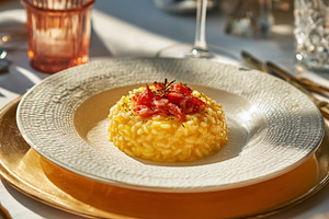Gourmet saffron risotto plating with finely chopped prosciutto,, a Photo by Studio ANNA