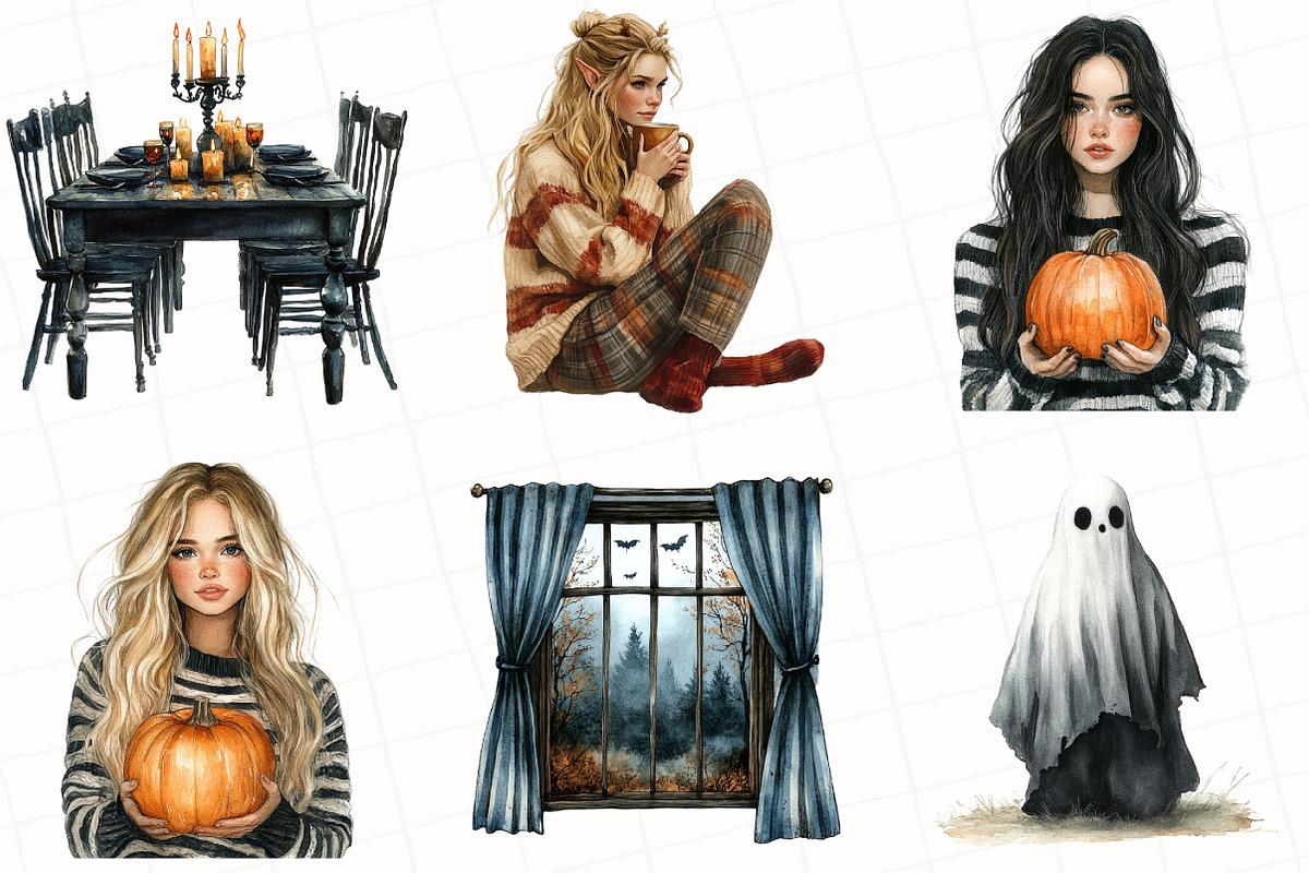 Watercolor Cozy Halloween Clipart, an Illustration by OK Design (Photo 2 of 5)