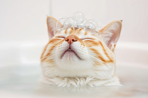 Cat enjoy taking bath with bubbles, an Animal Photo by Bunny's Little Shop