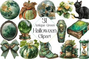 Antique Green Halloween Clipart, an Illustration by DreamPrint404