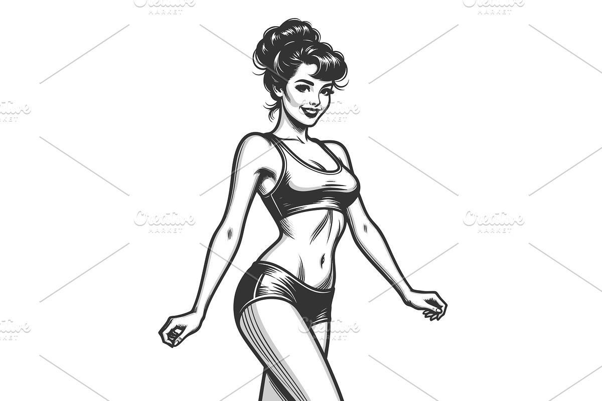 pin-up girl workout outfit engraving, a Sport Illustration by AlexArt