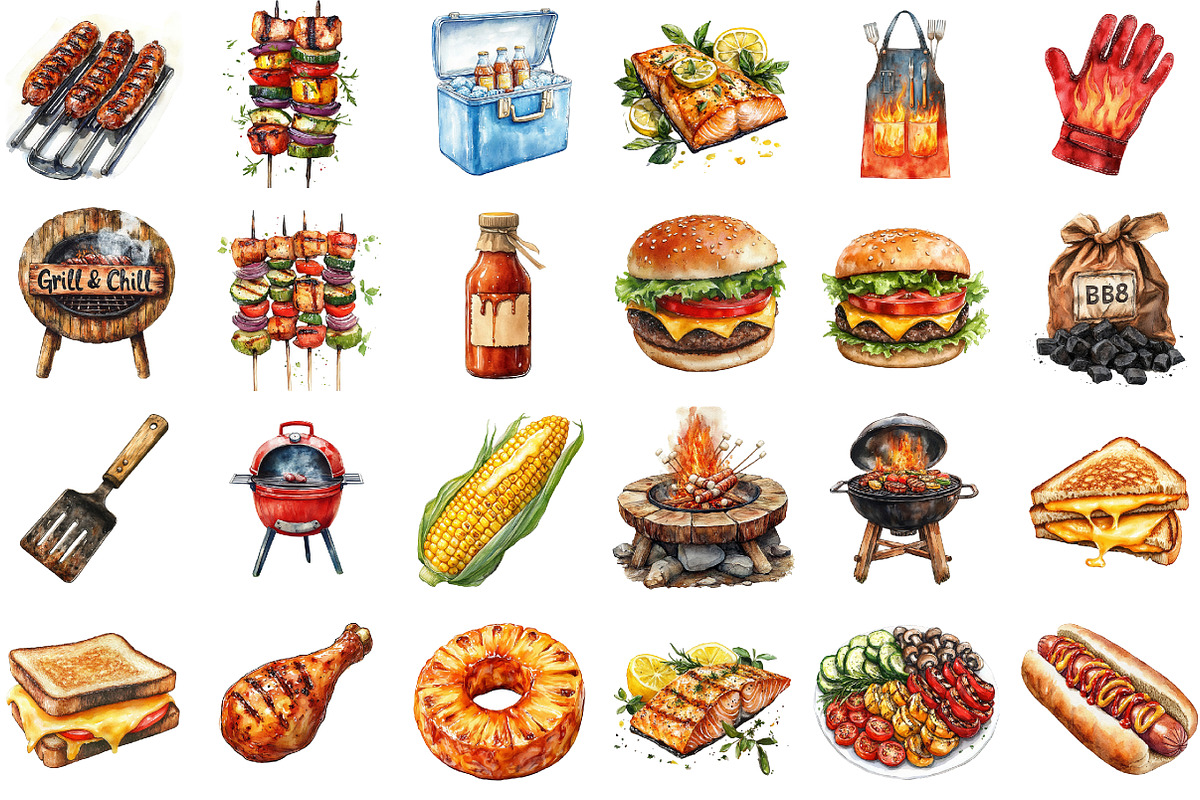 Watercolor Grill Party Clipart Bundl, an Illustration by Sublimation Artist (Photo 2 of 6)