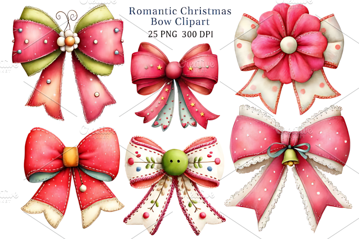 Romantic Christmas Bow Clipart Set, a Seasonal Illustration by Coco Bloom (Photo 1 of 4)