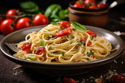 Tasty spaghetti with tomatoes and basil leafs in plate. Generative AI, a Food & Drink Photo by AlyaAnd