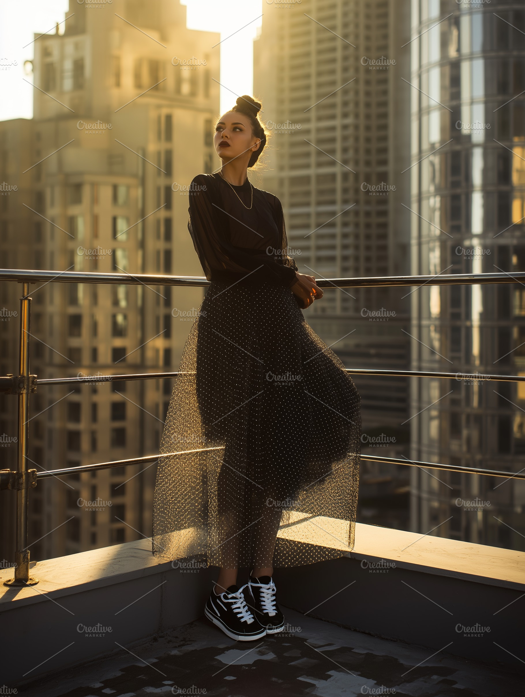 Woman Posing on City Rooftop, a Person Photo by Ocean Digital Art