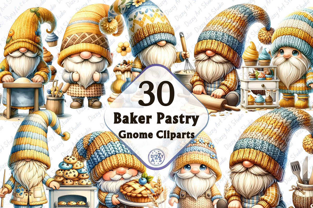 Watercolor Baker Gnome Cliparts Png, a Decorative Illustration by Dizzy Art Studio (Photo 1 of 4)