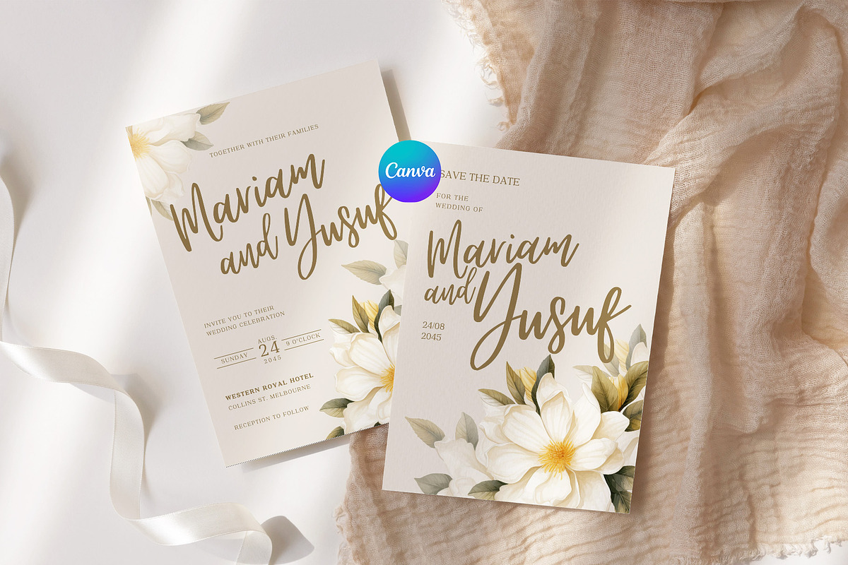 Floral Wedding Invitation Card Canva, an Invitation Template by kin9candra (Photo 1 of 8)