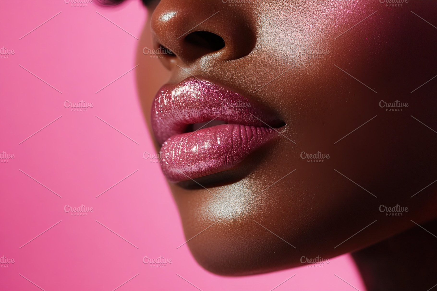 Closeup of soft lips with glossy pink shine against a vibrant pink background, a Person Photo by AlyaAnd