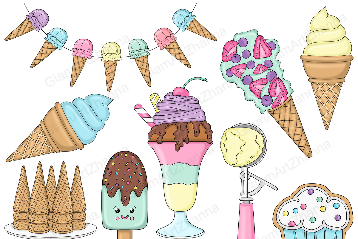 Ice Cream Cone Clipart, a Food Illustration by GlamArtZhanna (Photo 3 of 5)