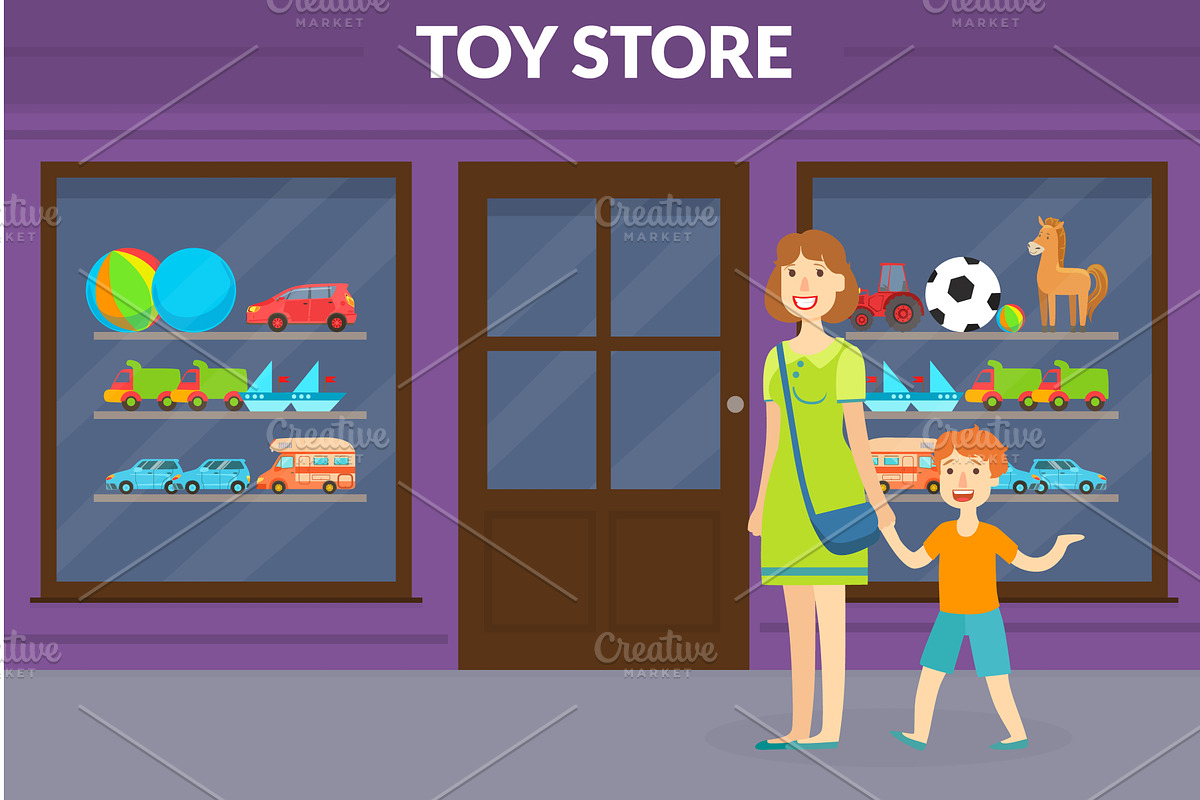 Toy Shop Store Front with Customers, a Person Illustration by TopVectors