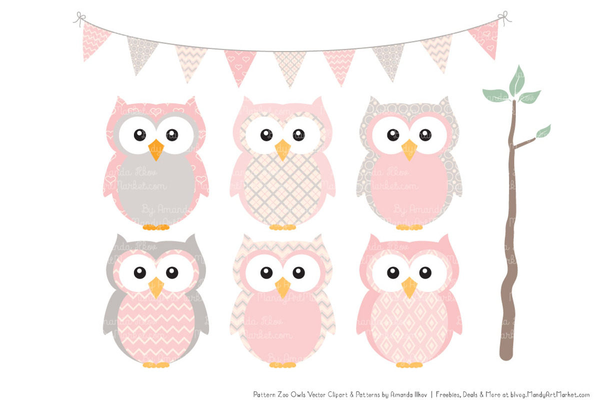 Owls Clipart & Patterns in Soft Pink, an Animal Illustration by Amanda Ilkov (Photo 2 of 4)