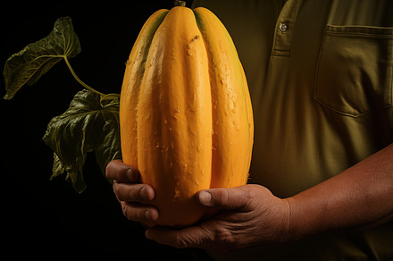 Large, ripe papaya in hands with a green stem against a dark background. The sq, a Food & Drink Photo by Textures & Backgrounds
