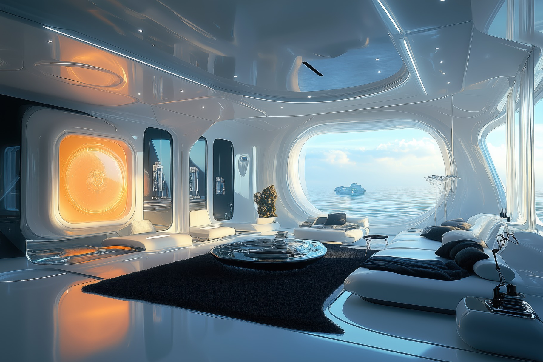 A Sci-Fi futuristic interior design style living room with sleek white ...